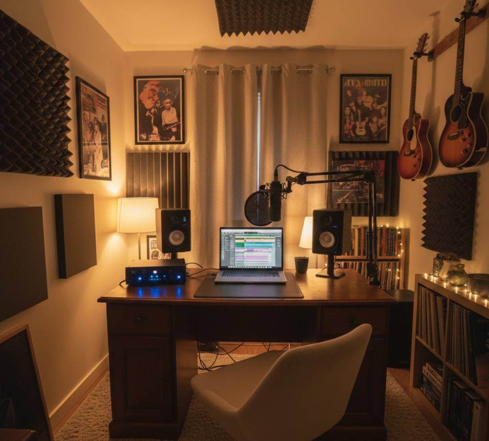 Home studio doméstico con guitarras colgadas en la pared
