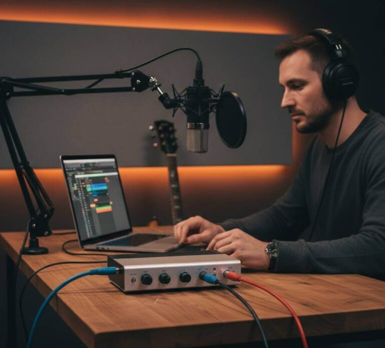 Interfaz de audio externa conectada en un home studio profesional con cables XLR y monitores de estudio.