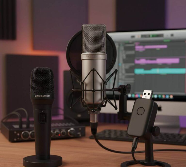 Diferentes tipos de micrófonos para voces incluyendo modelos de condensador y dinámicos en un soporte de estudio.
