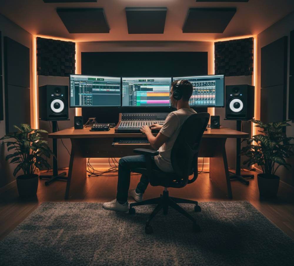 Pareja de monitores de estudio profesionales en un home studio configurados para mezcla y producción de audio.