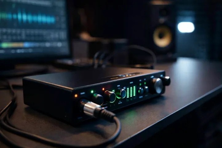 Interfaz de audio USB en un escritorio de estudio musical